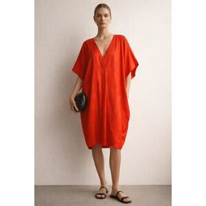 Vince Mandarin Red Silk Draped Cocoon Dress in Size Large Oversized Caftan